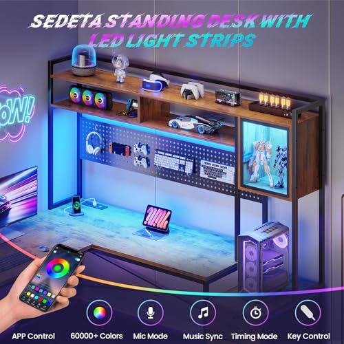 SEDETA Reversible L Shaped Gaming Desk with 6 Drawers, Hutch, Led Lights - color: Rustic Brown