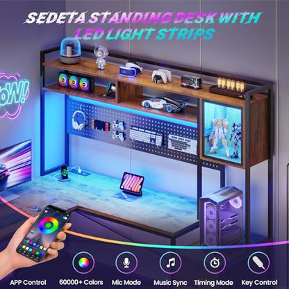 SEDETA Reversible L Shaped Gaming Desk with 6 Drawers, Hutch, Led Lights - color: Rustic Brown