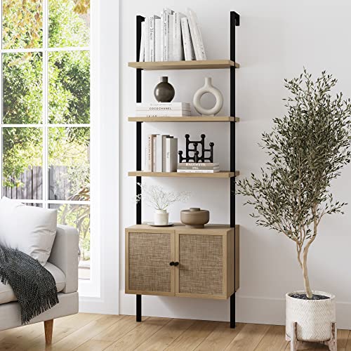 Nathan James Theo Ladder 3 tier Open Bookshelf with Rattan Drawers and Matte Steel Frame, Light Oak/Black - color: Theo Light Oak/Black, size: 1