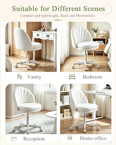 GTPOFFICE Vanity Chair with Back, Adjustable Tall Office Chair High Swivel Bar Stools Fluffy Cute Desk Chair Comfy with Wheels Armlees Counter Height for Adults Standing Desk Bar, Smooth Pu, White - color: Pu-white