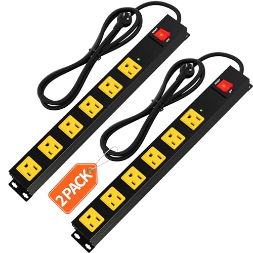 Heavy Duty 6 Outlet Metal Long Power Strip, 2700J Surge Protector with 15A Circuit Breaker, 6FT Extension Cord, Wall Mount for Garage, Workshop & Industrial Use, Wide Spaced (2 Pack 6ft) - size: 2 PACK 6ft