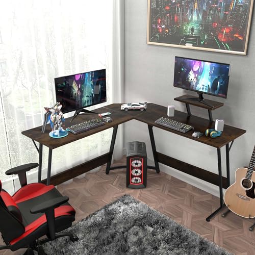 Gaming Desk L Shaped Desk, 50.4” Large Desk Computer Desk with Shelves & Carbon Fiber Desktop, Wood Desk Table Computer Table Writing Desk Work Desk pc desk for Bedroom Office Dorm Small Space, Brown - color: Brown