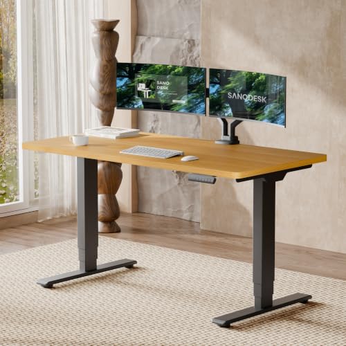 SANODESK Dual Motor Standing Desk 220lbs Height Adjustable Desk | 55"x28" Spacious One-Piece Maple Desktop & Black Frame, 4 Memory Presets, 3-Stage Legs, 220lbs, 2-Box for Home & Office - color: Maple Desktop + Black Frame, size: 5528