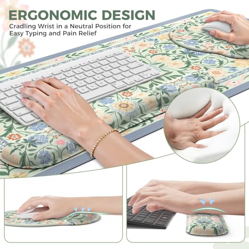 iCasso Desk Cover Mat, Gaming Mouse Pad Wrist Support Set,4in1 XXL Large Mousepad + Keyboard Wrist Rest+Mouse Wrist Rest+Coaster Set with Ergonomic Design for Home Office Table Computer(Green Flowers) - color: Green Flowers