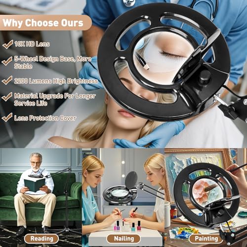 HITTI 2200 Lumens 12X Magnifier Esthetician Light, 5 Wheel Rolling Base - color: Black