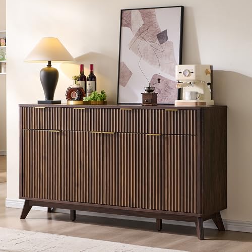 T4TREAM 60 Inch Fluted Buffet Sideboard Cabinet, Dark Walnut | Modern Coffee Bar Storage Cabinet With 3 Drawers & 4 Doors, for Dining Room, Living Room, Hallway, Adjustable shelves - color: Dark Walnut