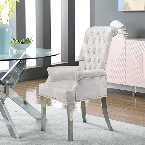Velvet Dining Chairs with Arms, Upholstered Dining Room Chairs, Beige | Upholstered, High Back, Tufted, Luxurious, Stainless Steel Leg, for Kitchen & Dining Room - color: Beige, size: 1 PCS