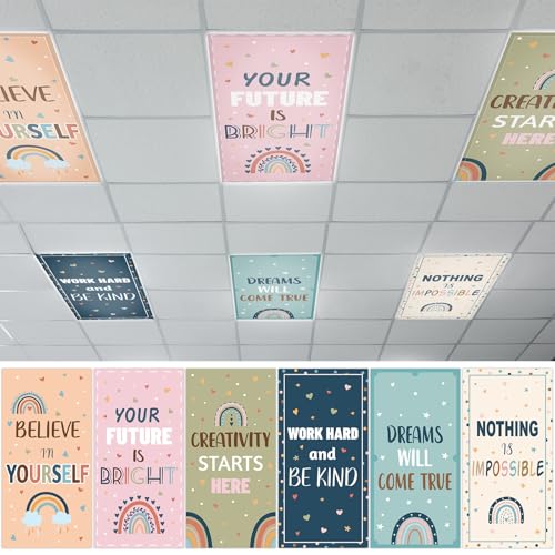 QOUBAI 6 Pcs Fluorescent Light Covers,4 x 2 Ft Magnetic Light Filters Fluorescent Lights Shade Easy Install for Classroom Office Library Hospital Home Ceiling Boho Rainbow - color: Boho Rainbow