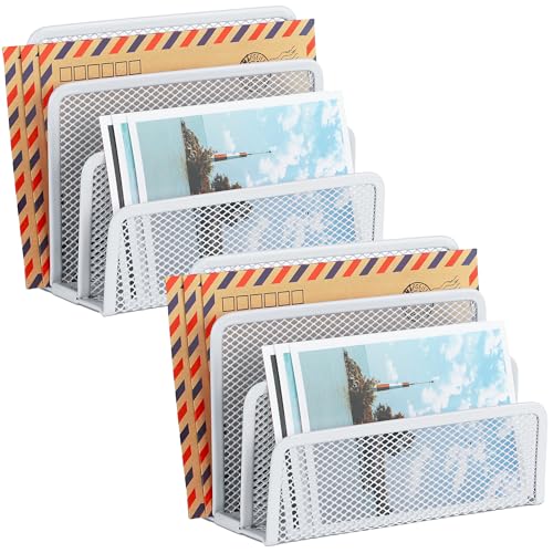 Desk Mail Organizer, Office Small Desktop Metal Mesh Envelope Letter Sorter Paper File Holder Organizer with 3 Vertical Upright Compartments, White 2 Pack - color: White, size: 2 Pack
