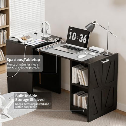 Foldable Pull-Out Desk with Charging Station and Storage, Black