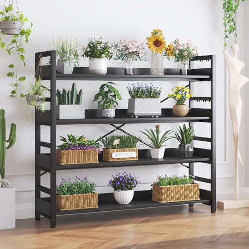 HCHQHS Bookshelf, Adjustable Industrial Bookcase, Vertical Tall Book Shelf, Wood and Black Metal Open Bookshelves for Home Office, Living Room, Bedroom (Black, 4-Tier (47" W x 44" H)) - color: Black, size: 4-Tier (47"W x 44"H)