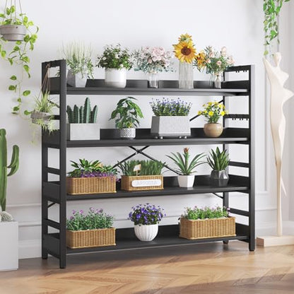 HCHQHS Bookshelf, Adjustable Industrial Bookcase, Vertical Tall Book Shelf, Wood and Black Metal Open Bookshelves for Home Office, Living Room, Bedroom (Black, 4-Tier (47" W x 44" H)) - color: Black, size: 4-Tier (47"W x 44"H)