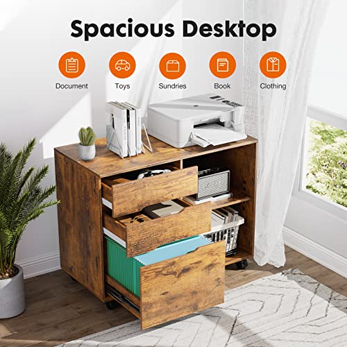 File Cabinet with 3 Drawers, Mobile Lateral Filing Cabinet with Open Storage Shelves for Home Office Under Desk Storage, Brown - color: Brown