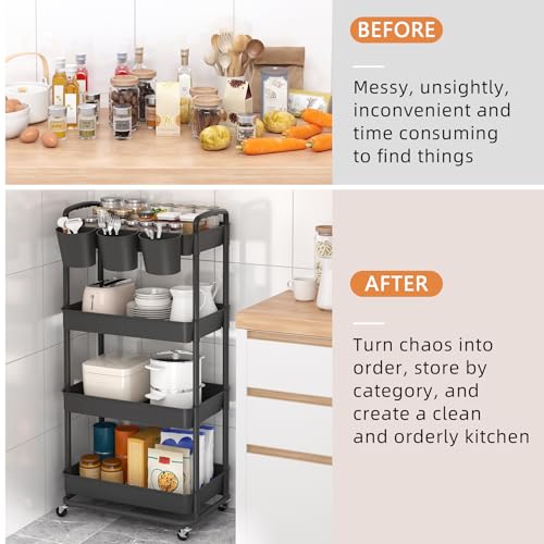 4-Tier Plastic Rolling Storage Cart Utility Cart with Extra Hanging Cups Handles Lockable Wheels for Living Room Bathroom Kitchen Office Black | Utility Cart with Extra Hanging Cups Arc-Shaped Handles Lockable Wheels for Living Room Bathroom Kitchen Offic