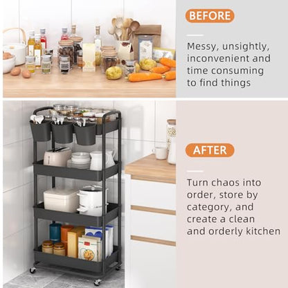 4-Tier Plastic Rolling Storage Cart Utility Cart with Extra Hanging Cups Handles Lockable Wheels for Living Room Bathroom Kitchen Office Black | Utility Cart with Extra Hanging Cups Arc-Shaped Handles Lockable Wheels for Living Room Bathroom Kitchen Offic