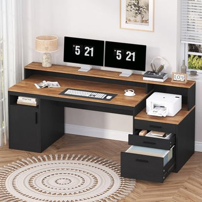 YOMILUVE Computer Desk with 3 Drawers & Storage Shelves, 65 Inch Home Office Desk with File Drawer & Cabinet, Writing Study Desks with Monitor Stand & Printer Shelf, Executive Desk, Brown and Black - color: Brown and Black