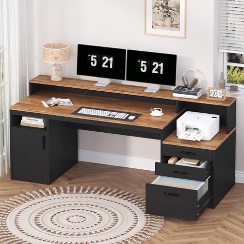 YOMILUVE Computer Desk with 3 Drawers & Storage Shelves, 65 Inch Home Office Desk with File Drawer & Cabinet, Writing Study Desks with Monitor Stand & Printer Shelf, Executive Desk, Brown and Black - color: Brown and Black