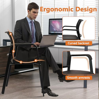 CLATINA Mesh Back Stacking Arm Chairs for Waiting Area, Side Desk Chair with Leather Seat and Ergonomic Lumbar Support for Office School Church Classroom Guest Customer Reception Black 8PK - size: 8 Pack