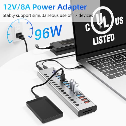 VANGREE Powered USB Hub 10Gbps, 17 Ports USB 3.2 Hub, 96W Power Adapter - color: Silver