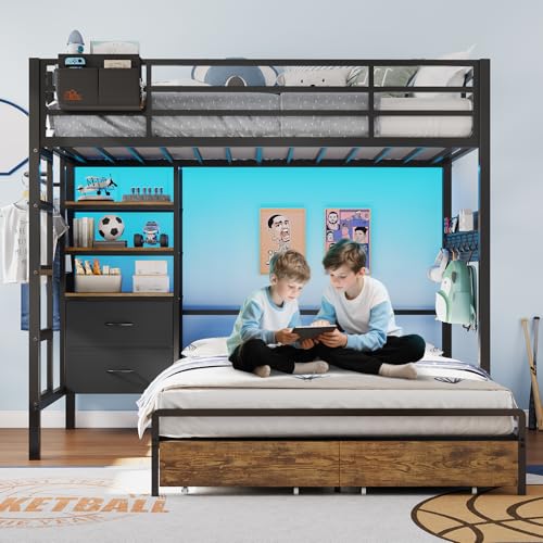 DICTAC Twin Over Full Bunk Bed with 4 Storage Drawers and 3-Tier Open Bookshelf Metal Bunk Bed with LED Lights,Charging Station and Pegboard,L-Shaped bunk Beds with Safety Guardrail and Ladder,Black - color: Black, size: Twin Over Full