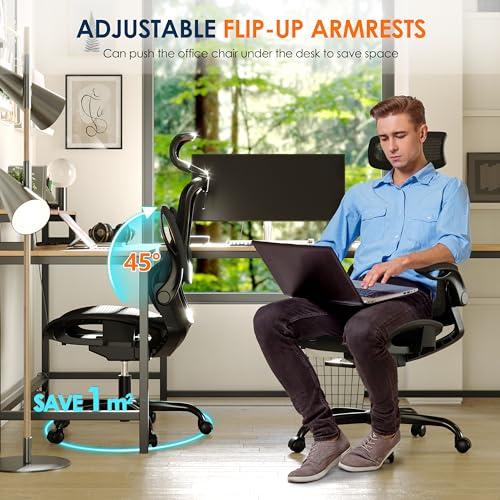 Ergonomic Mesh Office Chair, Adjustable Home Desk Chair with Folding Armrest, 2D Headrest, Soft Seat and PU Wheel, Black Swivel Task Chair for Office, Business, Student (GY1108) - color: Black