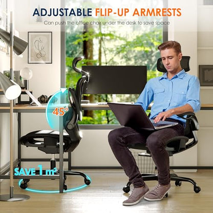 Ergonomic Mesh Office Chair, Adjustable Home Desk Chair with Folding Armrest, 2D Headrest, Soft Seat and PU Wheel, Black Swivel Task Chair for Office, Business, Student (GY1108) - color: Black