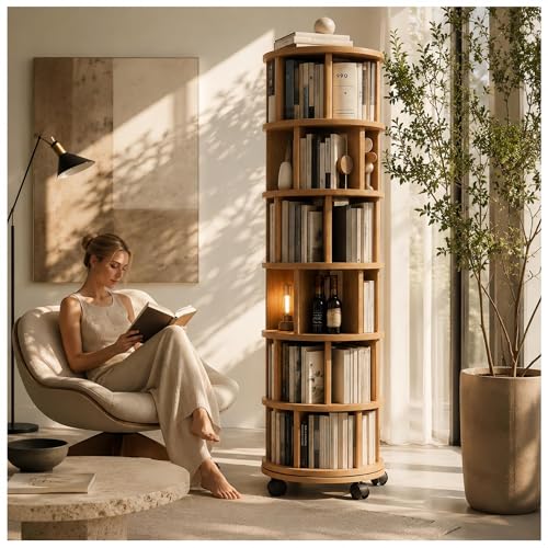 Solid Wood Rotating Round Bookshelf Towers with Wheels,Revolving Bookcase 6 Tier 360° Wooden Book Shelf Tall Bookshelves, Narrow Rolling DVD Storage Rack,Book Storage,Space Saving(Natural - color: Natural Color, size: 6 Tier, 78.1"H