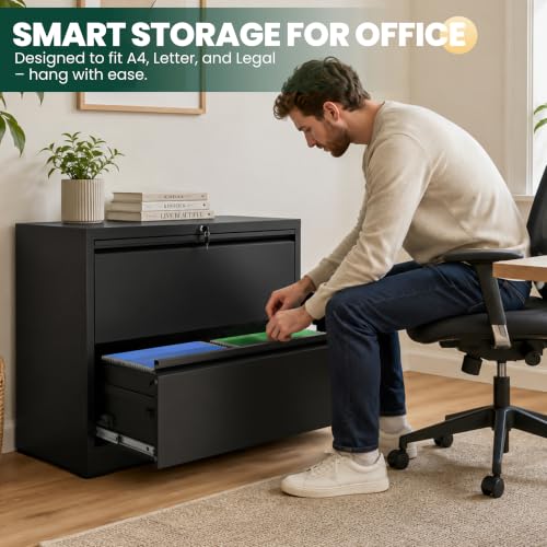 2 Drawer Lateral File Cabinet, Metal Filing Cabinet for Home Office, Black | Heavy-Duty Steel Locking File Cabinet, Hanging Letter/Legal/A4 Size, Full-Extension Drawer, Assembly Required - color: Black, size: 2 Drawers (35.43 in Width)