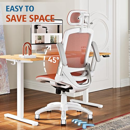 GABRYLLY Ergonomic Office Chair, High Back Home Desk Chair with 2D Flip-Up Arms, 3D Headrest, 90-120° Tilt and Wide Cushion, Big and Tall Mesh Chairs for Man Woman, Computer Task Chair Orange - color: White Frame Orange Mesh