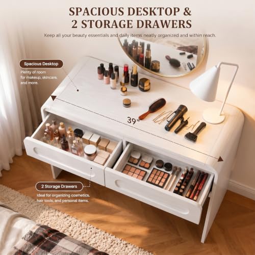 Vanity Desk, Makeup Vanity Desk with 2 Drawers and Storage Desktop Space | Modern Makeup Vanity Dressing Table with Curved Profile Design, White Makeup Computer Writing Desk for Home Office Bedroom - color: White, size: 15.7"D x 39"W x 32"H
