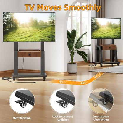 Mobile TV Stand on Wheels for 32-75 Inch TVs | with Drawer and Wheels,Height Adjustable,Screen Up to 150lbs,TV Stand for Bedroom,Indoor - color: Walnut