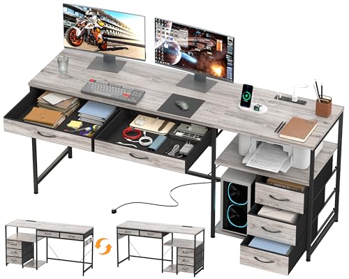 60" Computer Desk with 5 Fabric Drawers, Gaming Desk Table | Desk with Storage and Power Outlets, for Adults and Teenagers Working Writing Study, Grey - color: Grey, size: 18.9"D x 60"W x 30.7"H