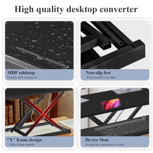 37" Desk Converter, Height Adjustable Stand Up Desk Converter, 2 Monitor Standing, Sit to Stand, Quick Sit to Tabletop, Riser Workstation with Wide Keyboard Tray - color: Black
