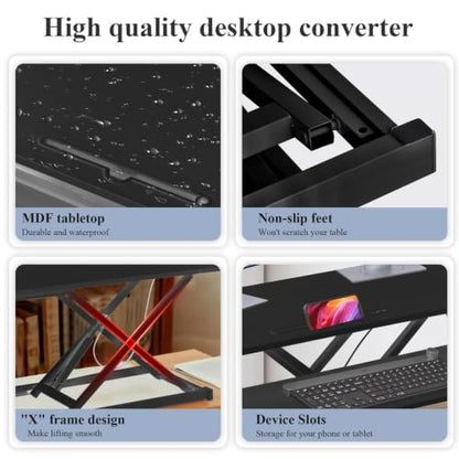 37" Desk Converter, Height Adjustable Stand Up Desk Converter, 2 Monitor Standing, Sit to Stand, Quick Sit to Tabletop, Riser Workstation with Wide Keyboard Tray - color: Black