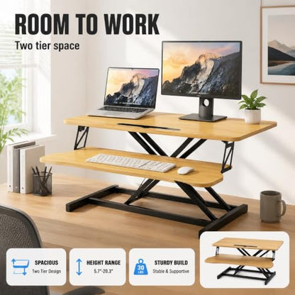 32" Height Adjustable Sit Stand Desk Converter, Dual Monitor Laptop Riser, Black (Desk Converter (Natural)) - color: Desk Converter (Natural)