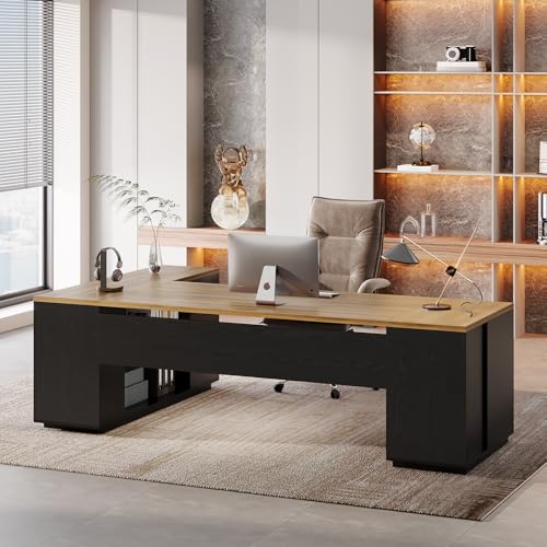 Tribesigns 85.8-Inch L-Shaped Executive Desk, Extra Large Home Office Desk - color: Brown & Black
