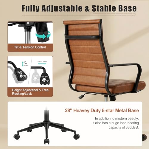 Okeysen Leather Office Desk Chair, Mid-Century Modern Leather Conference Room Chairs, Ergonomic Executive Ribbed Height Adjustable Swivel Rolling Chair for Home Office. - color: Brown