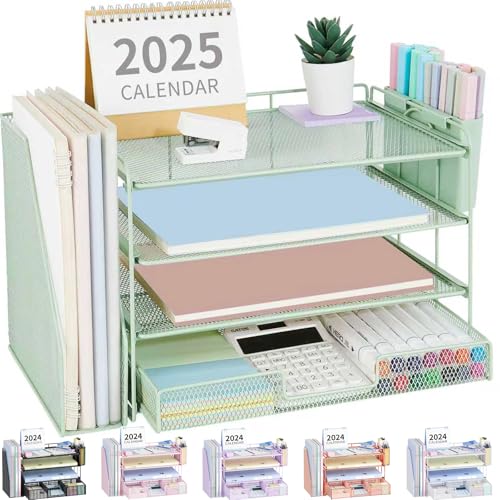 Desk Organizer, 4-Tier Desktop File Organizer with Drawer and Pen Holders, Office Desk Accessories, File Sorters, Workspace Organizers for Office Supplies(Green) - color: Green, size: 4T