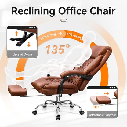 Office Chair, Executive Leather Chair Adjustable High Back, Ergonomic Computer Desk Chair Lumbar Support, Big and Tall Office Chair with Footrest, Comfy Reclining Chair for Home Office - color: Brown, style: With Footrest