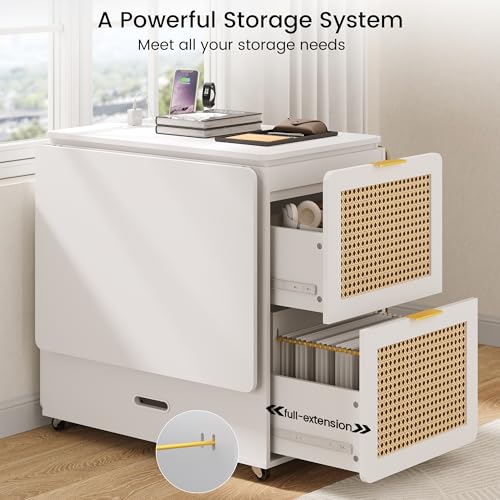 62.7" Folding Desk with 4 Drawer File Cabinet, Space-Saving Desk | Mobile Foldable Workstation for 2 Person, for Renters, Studio Dwellers, Built-in Power Outlets, Flip-top Hidden Storage