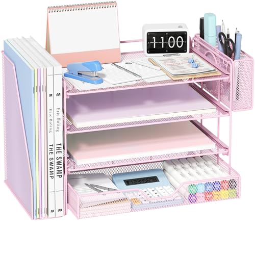 OPNICE Desk Organizers and Accessories, 4-Tier Desktop File Organizer with Drawer and Pen Holders, Office Desk Accessories Workspace Organizers for Office Supplies (Soft Pink) - color: Soft Pink, size: 4T