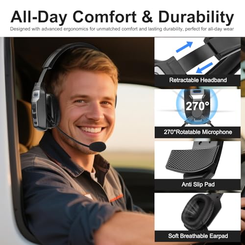 Bluetooth Headset for Truck Drivers, Single Ear Wireless Headphones with Mic Noise Cancelling, Mute Button, Hands-Free, 60H Playtime for Call Center, Office, Cell Phone