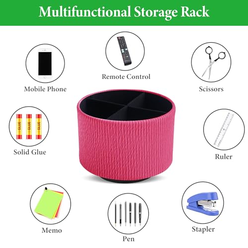 Round Leather Art Supply Organizer,Remote Control Holder,360 Degree Spinning,Multi-Functional Pencil Holder,4 Compartments Desktop Stationary Organizer(1-Vertical Wood Red) - color: 1-Vertical Wood Red