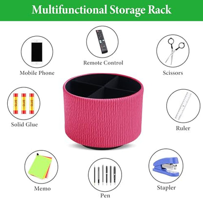 Round Leather Art Supply Organizer,Remote Control Holder,360 Degree Spinning,Multi-Functional Pencil Holder,4 Compartments Desktop Stationary Organizer(1-Vertical Wood Red) - color: 1-Vertical Wood Red