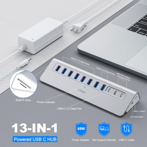 intpw Powered USB Hub 10Gbps, 13-Port USB 3.2 Hub with SD/TF Slots - color: Silver, size: 13 Port