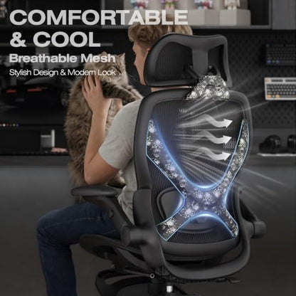 ELABEST X100 Ergonomic Mesh Office Chair with Footrest, Big and Tall Home Desk Chair with 5D Flip-Up Arms, Adjustable 3D Lumbar Support, Gaming & Executive Computer Chair (Night Reaper) - color: Night Reaper