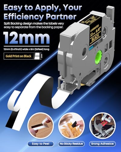 Replace for Brother P Touch Label Tape Gold on Black TZe-334 TZ Tape 12mm | TZe334 Laminated 0.47" for Brother Ptouch PT-D220 D210 H110 H103W D410 1280 D610BT Label Maker Refills, 1/2" x 26.2' , 5-Pack - color: Gold on Black
