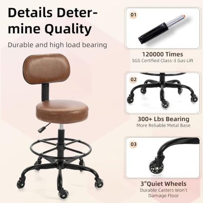 Finnhomy Drafting Chair with Footrest, Tall Office Chair with Back Support, Adjustable Seat Height (22"-30") Heavy Duty Stool with Wheels for Home Kitchen Bar Tattoo Spa Salon Desk, Brown - color: Brown