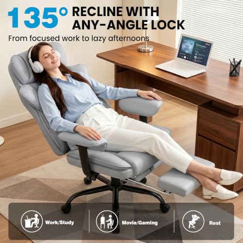 ALLGOD Office Desk Chair, Big and Tall Executive Chair with Lumbar Support, High Back Computer Gaming Chair, PU Leather with Pocket Spring Cushion, Adjustable Armrests and Footrest, Grey - color: Lightgrey