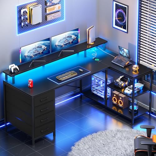SEDETA L Shaped Gaming Desk with 4 Drawers, Shelves, Power Outlets, Black - color: Black